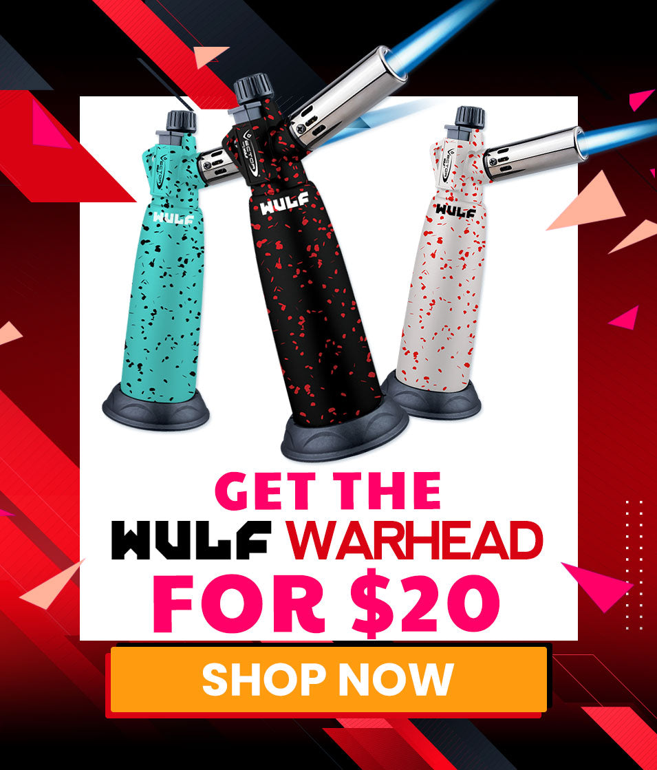 Three colorful Wulf Warhead torches with promotional text on a red and black background