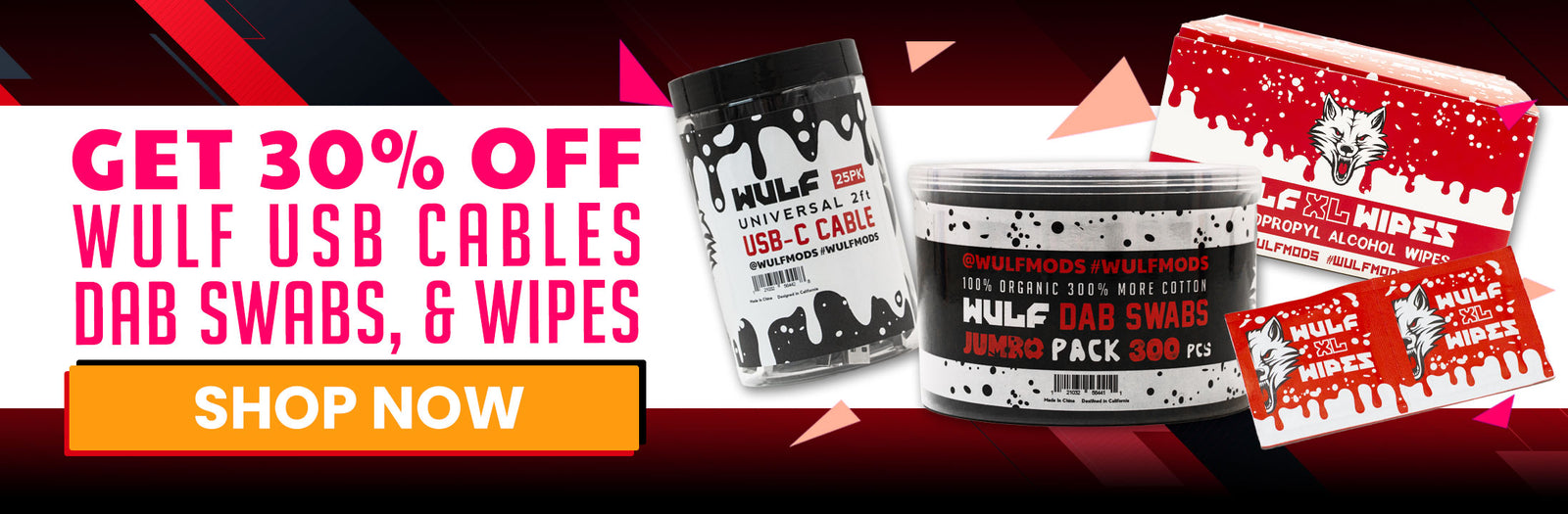 Promotional banner for Wulf products with USB cables, dab swabs, and wipes on a colorful background.