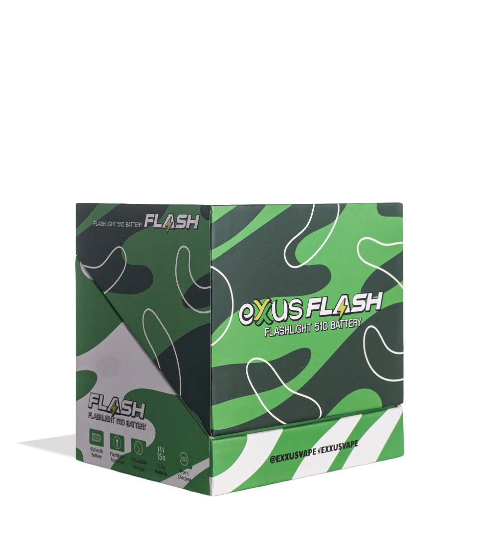 Exxus Vape Flash Flashlight and 510 Variable Voltage Battery 12pk Face Angle View on White Background
