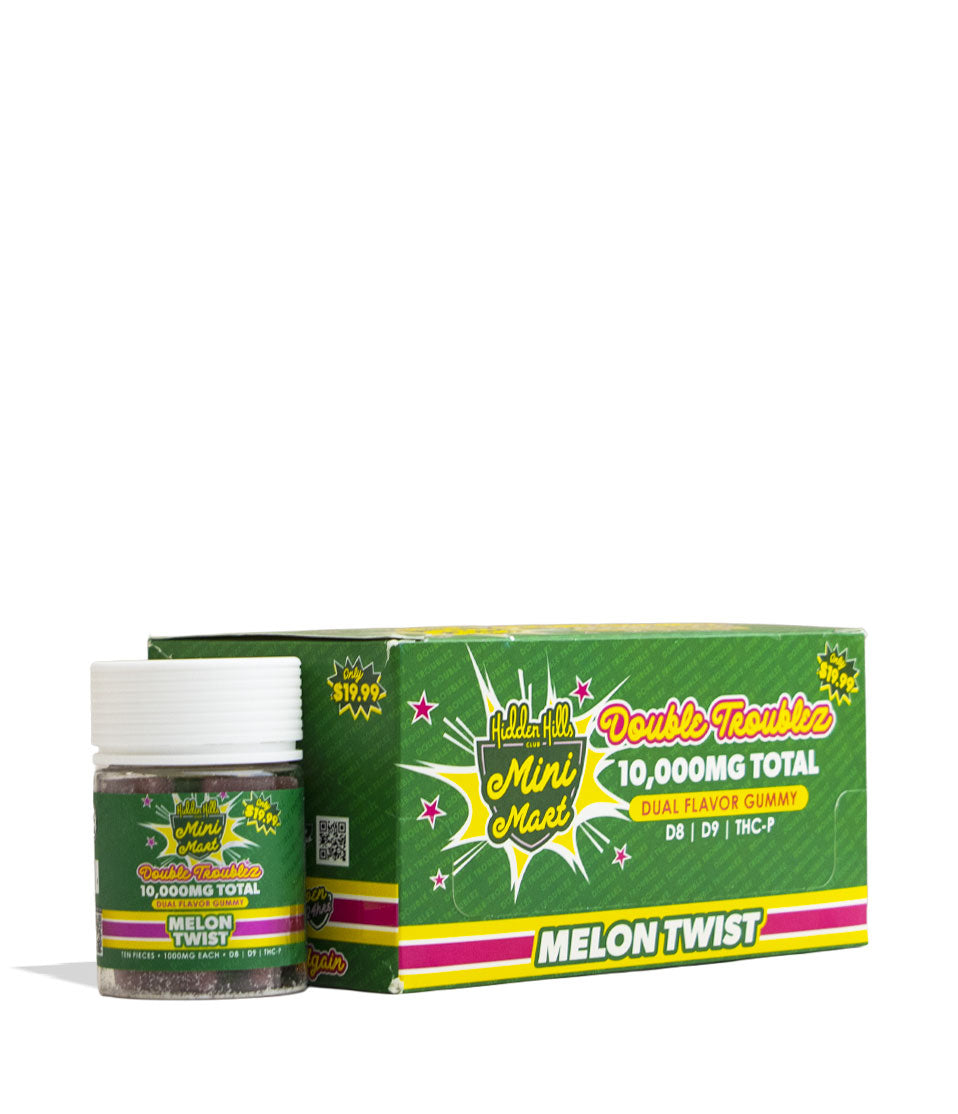 Melon Twist Hidden Hills Mini Mart Double Troublez 1000mg Gummies 6pk Front View on White Background