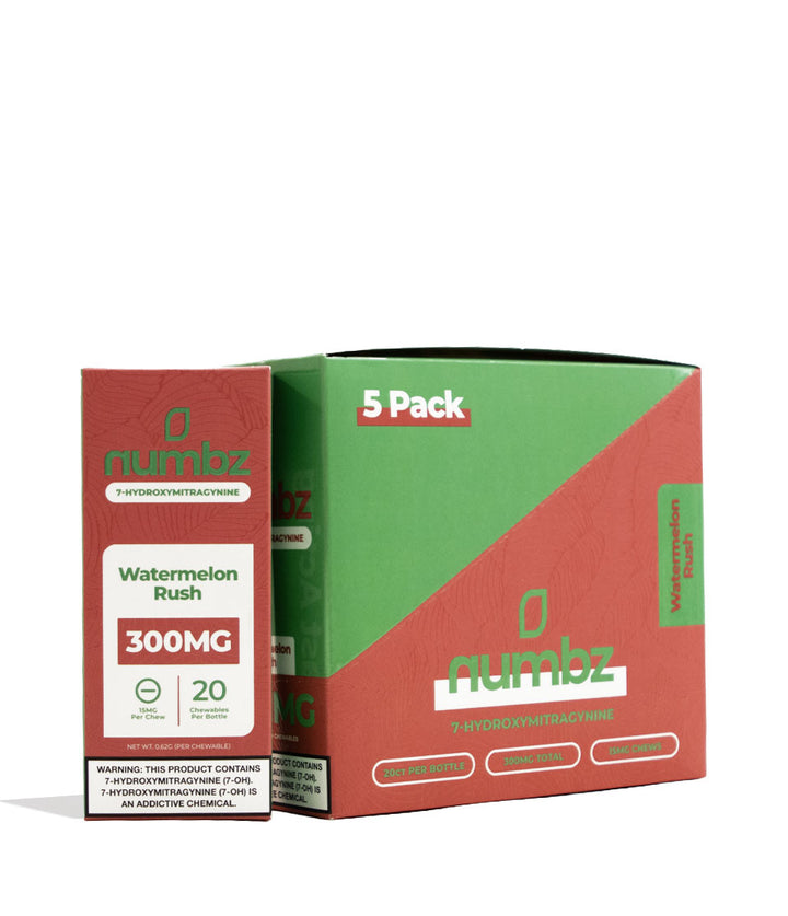Watermelon Rush Numbz 300mg 7-OH + MIT Chewable Tablets 5pk Front View on White Background