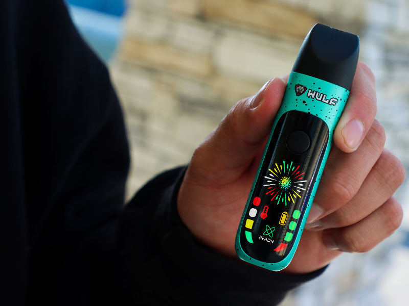 Hand holding a teal Wulf Budr vape device with colorful display against a blurred outdoor background