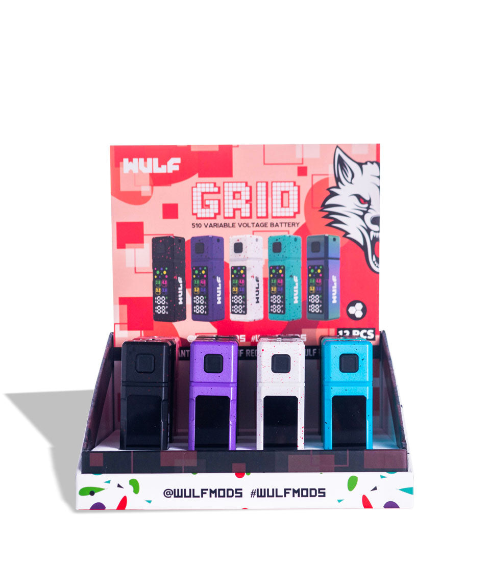 Wulf Mods Grid 510 Variable Voltage Battery 12pk with insert card front view on white background