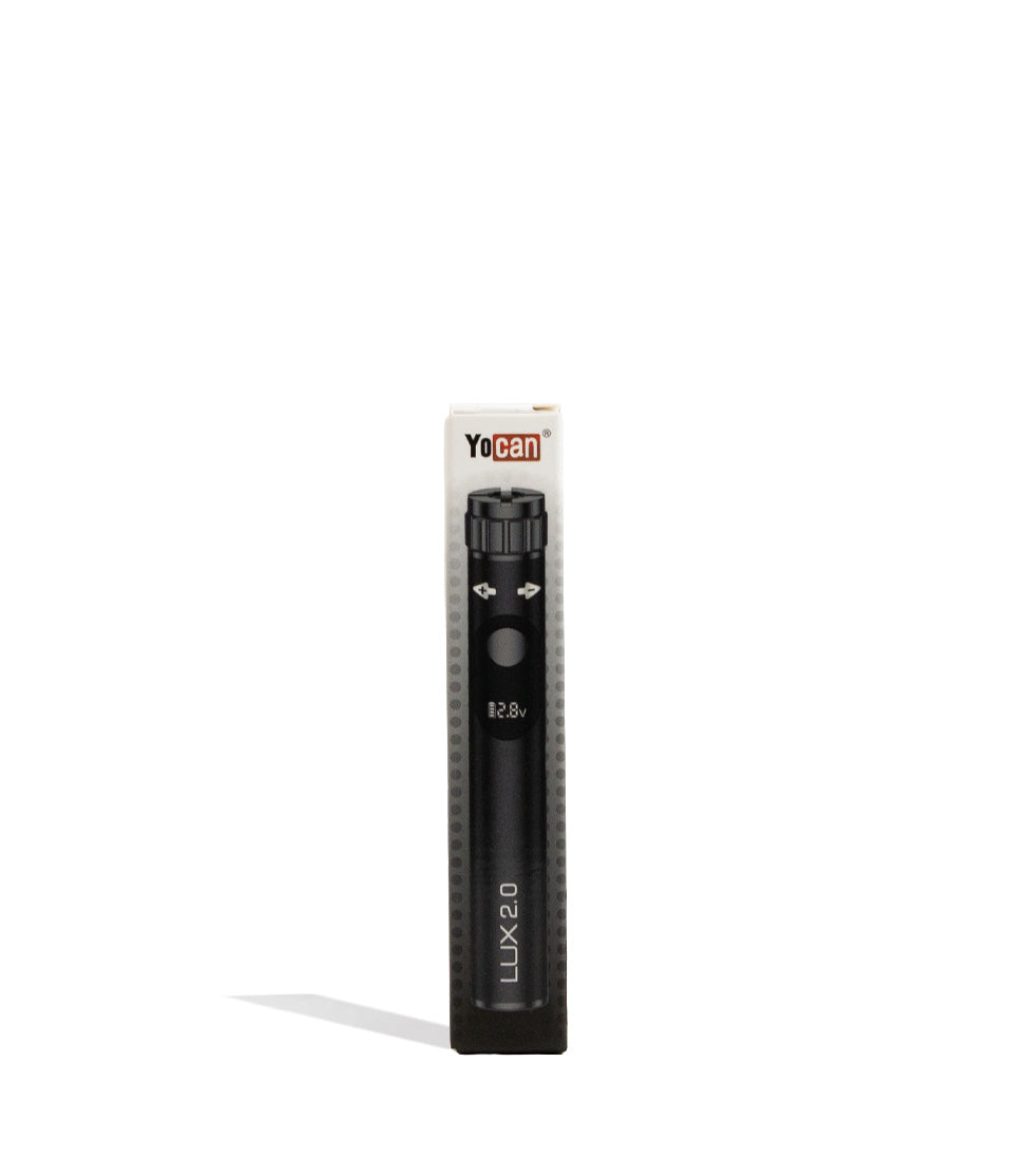 Black Yocan Lux 2.0 Variable Voltage Battery 15pk Packaging Front View on White Background