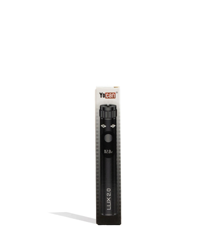 Black Yocan Lux 2.0 Variable Voltage Battery 15pk Packaging Front View on White Background